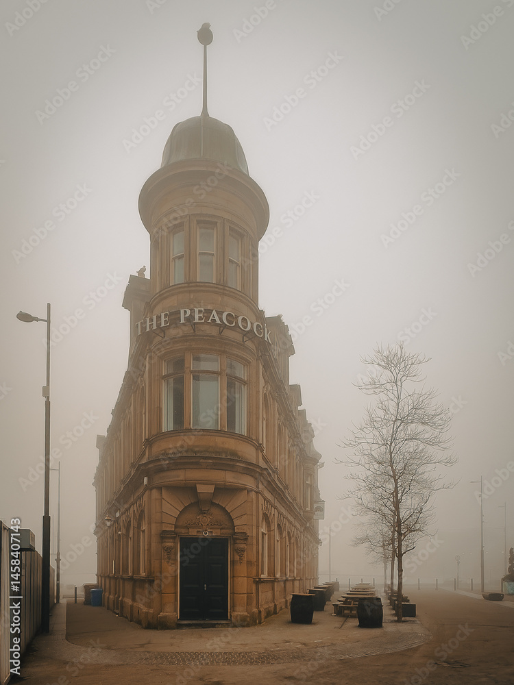 Fototapeta premium The Peacock pub in Sunderland in the fog.