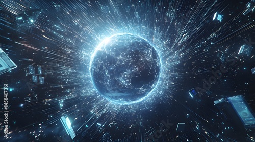 Digital representation of a planet within a network structure.