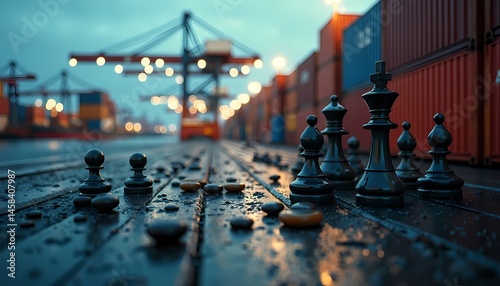Chess Pieces at Port with Cranes and Containers