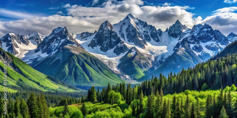 Fototapeta premium A bold, rugged mountain range with snow-capped peaks and lush green forests, landscape, mountains, landscape