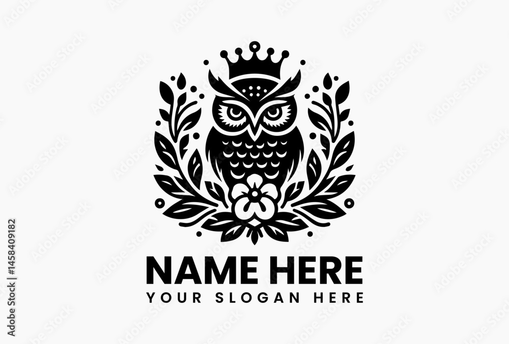 Cartoon owl with royal crown and surrounding leaves in symmetrical design, symbolizing wisdom, charm, and creativity in a playful vector illustration Cartoon owl with royal crown and surrounding leaves in symmetrical design, symbolizing wisdom, charm, and creativity in a playful vector illustration