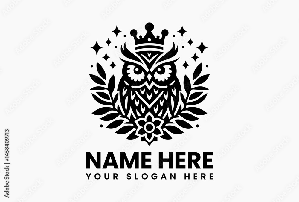 Cartoon owl with royal crown and surrounding leaves in symmetrical design, symbolizing wisdom, charm, and creativity in a playful vector illustration  