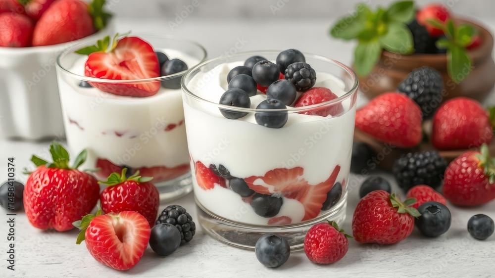 Delicious creamy yogurt parfait layered with fresh strawberries blueberries and blackberries in glass dessert cups. Delicious creamy yogurt parfait layered with fresh strawberries blueberries and blackberries in glass dessert cups.