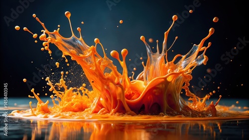 A vibrant orange splash of paint mixes with water on a dark background, creating an abstract and dreamy effect , artistic expression, colorful blend