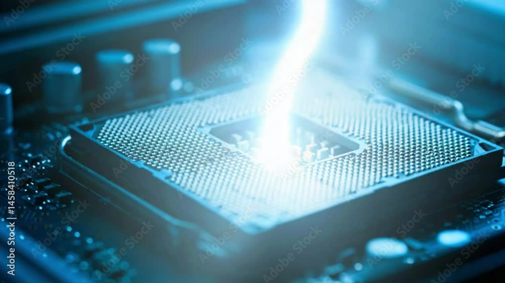 Close-up view of a microprocessor with glowing light, showcasing technology and innovation in electronics
