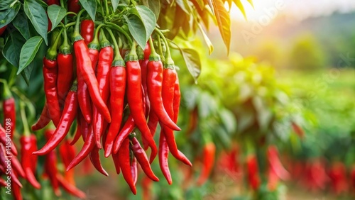 Dense cluster of red chili peppers hanging from a pepper plant in a field with lush green foliage