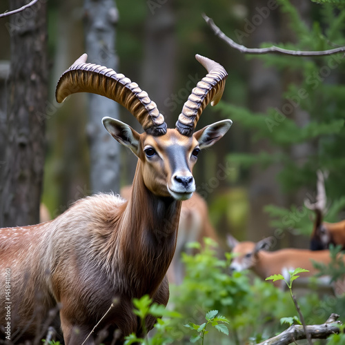 Mouflon, Ovis orientalis, forest horned animal in nature habitat