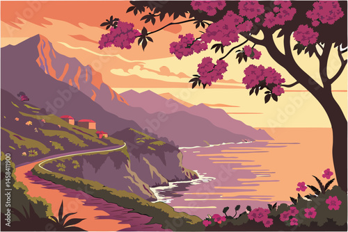 47 Breathtaking coastal sunset, Amalfi Coast, vibrant pink flowers in foreground, tranquil Mediterranean Sea, golden sun reflection on water, purple-hued mountains, serene atmosphere, dramatic sky col