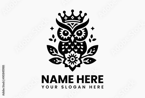 Vintage owl illustration with royal crown and ornamental leaves in elegant symmetrical composition, reflecting wisdom, tradition, and noble forest symbolism  