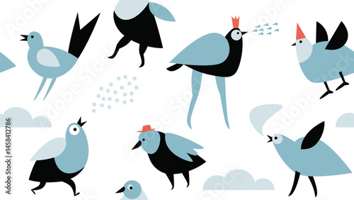 Seamless pattern with cute whimsical birds