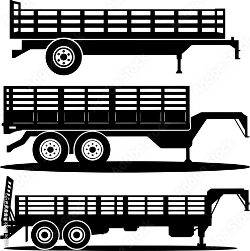  Silhouette of Empty Flatbed Farm Trailer with Side Rails in Minimalist Style