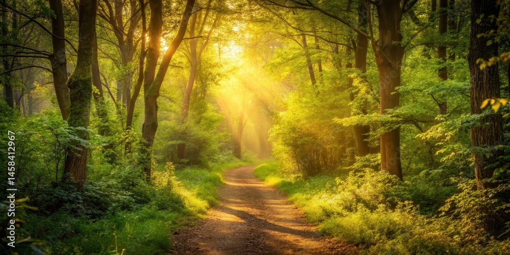 Fototapeta premium forest path illuminated by soft golden light filtering through dense foliage, serene, forest, serene