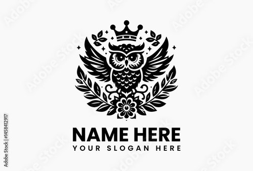 Vintage owl illustration with royal crown and ornamental leaves in elegant symmetrical composition, reflecting wisdom, tradition, and noble forest symbolism  