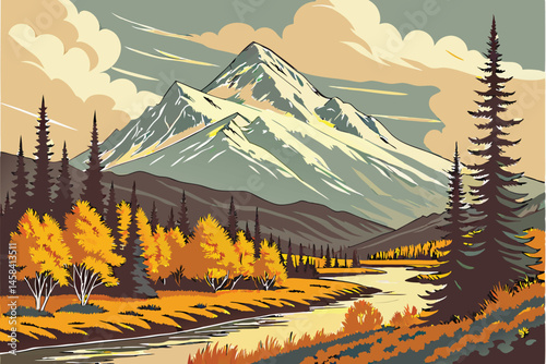 48 Majestic snow-capped mountain peak, autumn forest landscape, golden foliage, evergreen pine trees, calm river reflection, dramatic clouds, pristine wilderness, Alaskan scenery, rugged terrain, vibr