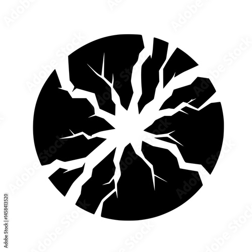 Shattered Sphere: Black Circle Cracks on White, Minimalist Design