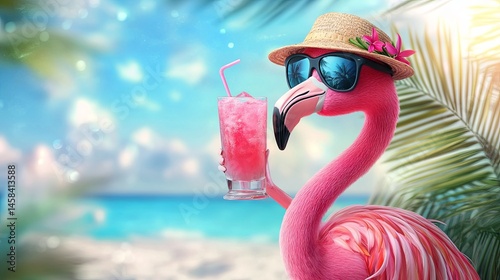 cartoon flamingo in sunglasses and sun hat drink pink cocktail on the tropical beach background, holiday, vacation time, summer drink concept  photo