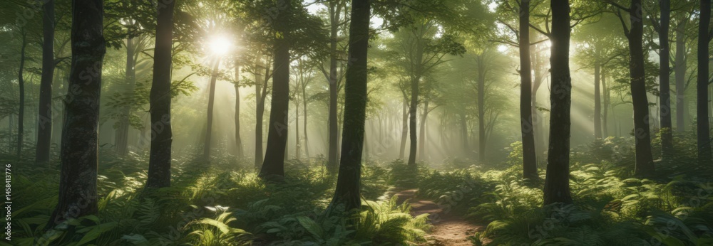 Fototapeta premium Lush green forest with sunlight dappling through leaves, forest, organic, peaceful