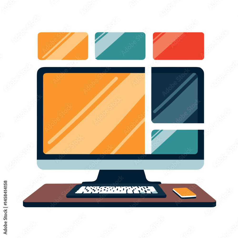 Vibrant virtual classroom grid illustration with modern computer, education Vibrant virtual classroom grid illustration with modern computer, education
