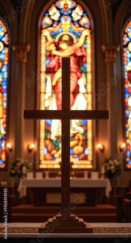 Christian cross on altar illuminated by divine light through stained glass windows. Easter  Good Friday  or Sunday mass concept. Church interior for religious service