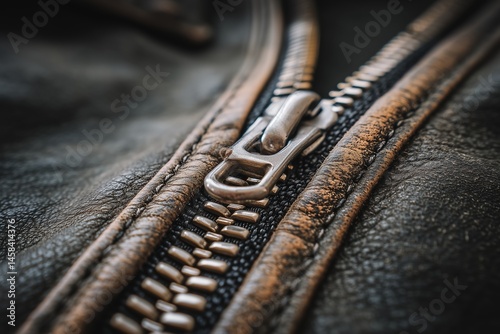 Metal zipper on brown leather garment. fashion detail showing fabric and stitching texture