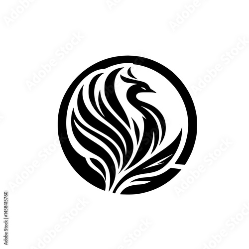 Elegant Phoenix Logo in a Circle: Black and White, Minimalist Design