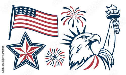 "American Independence Day Icons with Flag, Eagle, and Fireworks Vector Art"