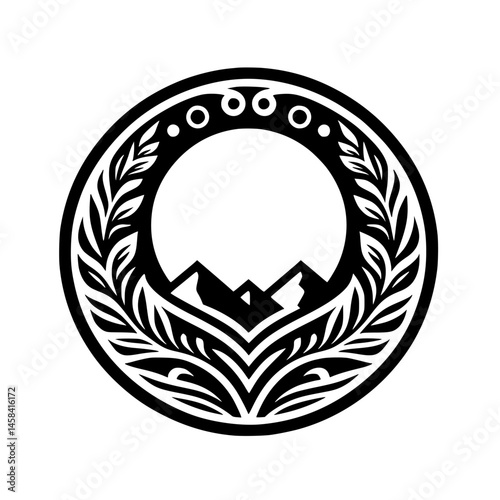Circular Mountain Crest: Minimalist Nature Emblem, Black & White