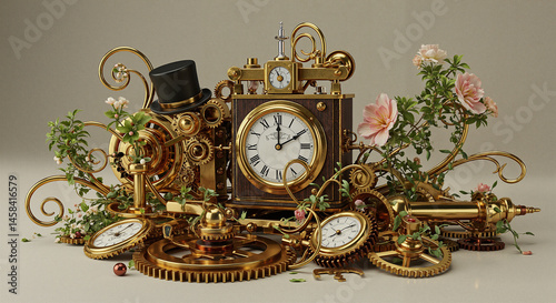 Vintage clock gears and flowers arranged artistically  