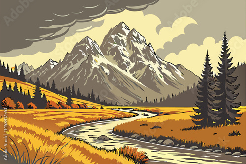 49 Majestic snow-capped mountains, Winding river through golden grassland, Dramatic cloudy sky, Rugged wilderness landscape, Autumn colors, Expansive mountain vista, Pristine nature scene, Rocky mount