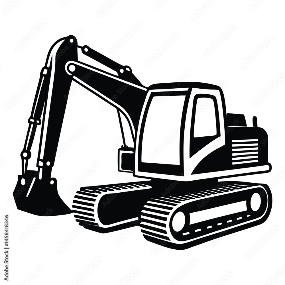 Naklejka premium Construction excavator silhouette vector illustration isolated on a white background, backhoe excavator