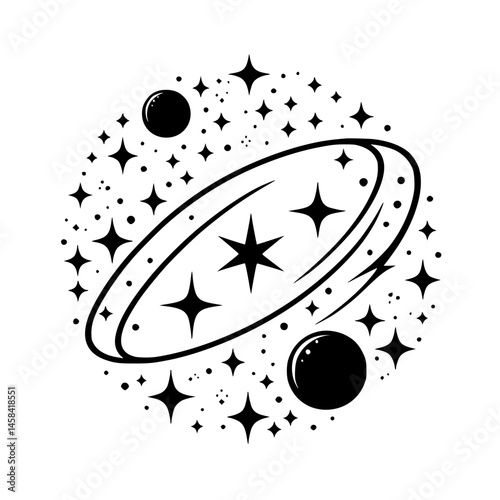 Celestial Galaxy Illustration: Black and White Cosmic Design, Minimalist, Circle