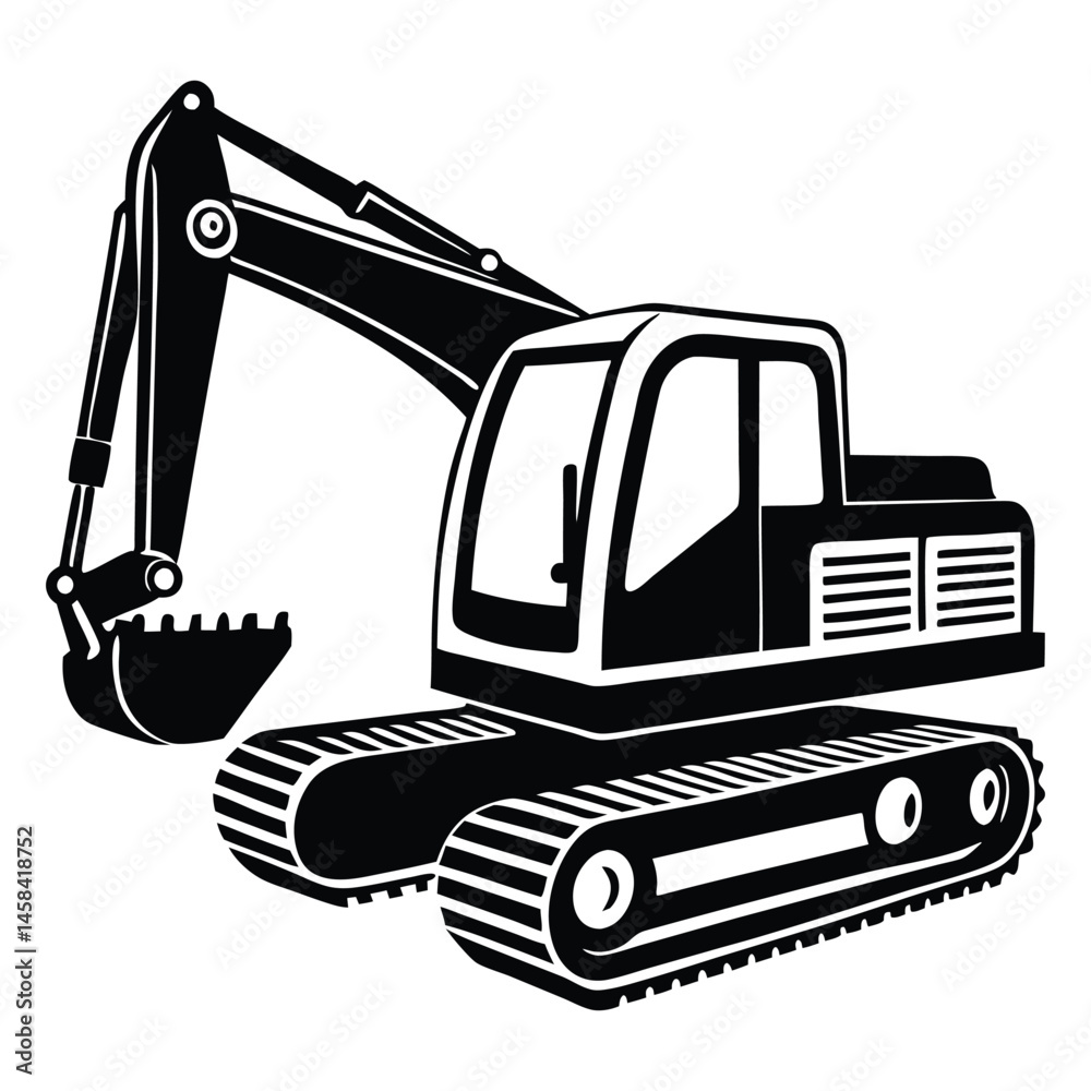 Naklejka premium Construction excavator silhouette vector illustration isolated on a white background, backhoe excavator