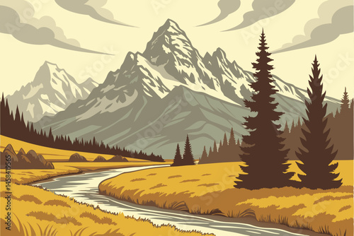 49 Majestic snow-capped mountains, Winding river through golden grassland, Dramatic cloudy sky, Rugged wilderness landscape, Autumn colors, Expansive mountain vista, Pristine nature scene, Rocky mount