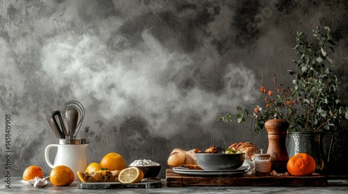 Kitchen table with rustic meal setup smoke lemon and tea in cozy vintage culinary atmosphere