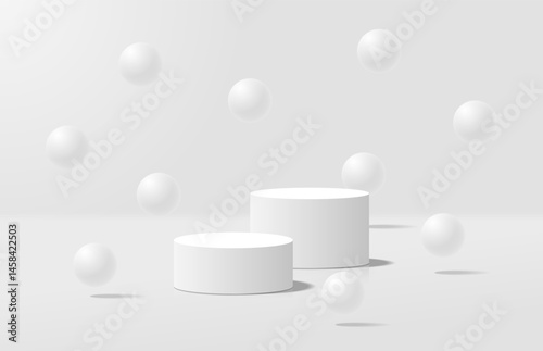 Realistic white 3d cylinder podium with bubble sphere ball floating on the air. Minimal bubble scene for product presentation. Vector geometric platform. Stage for showcase. 3d vector rendering,