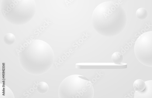Realistic white 3d round podium pedestal floating with sphere ball flying. Minimal wall scene for cosmetic display presentation. 3d stage for showcase. Vector geometric platform. 3d vector rendering