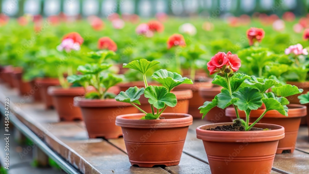 Pelargonium zonal seedlings in plastic flower pots, nurseries, greenery, nurseries, greenery, potting Pelargonium zonal seedlings in plastic flower pots, nurseries, greenery, nurseries, greenery, potting