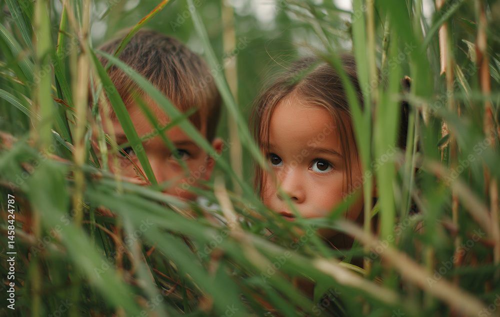 Two siblings are playing hide and seek among tall green grass, their eyes full of playful mischief and excitement as they try to outsmart each other Two siblings are playing hide and seek among tall green grass, their eyes full of playful mischief and excitement as they try to outsmart each other