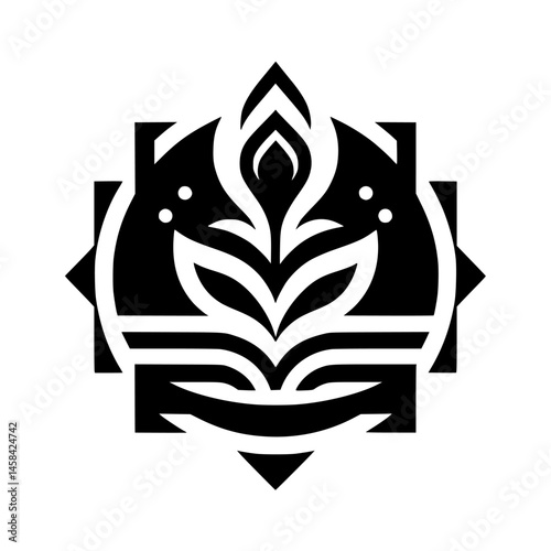 Black & White Stylized Floral Emblem, Minimalist Design