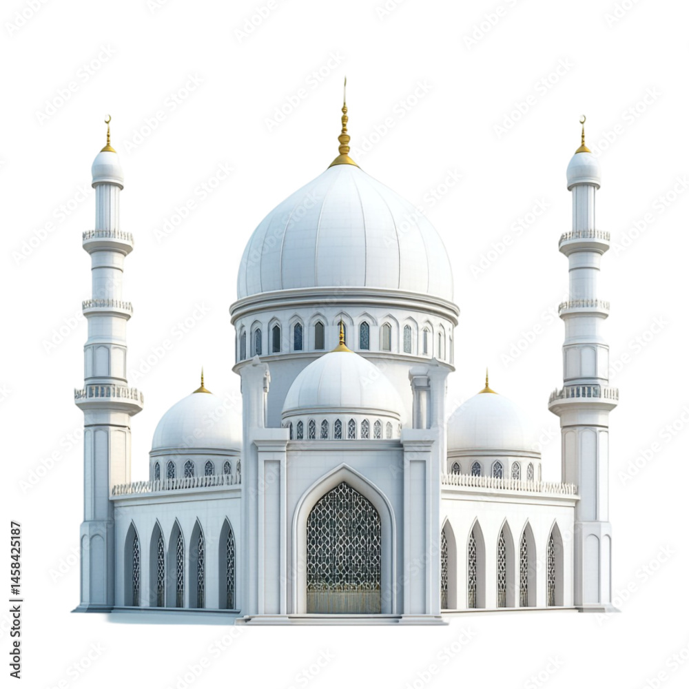 Obraz premium Elegant white mosque architectural design with tall minarets and multiple domes