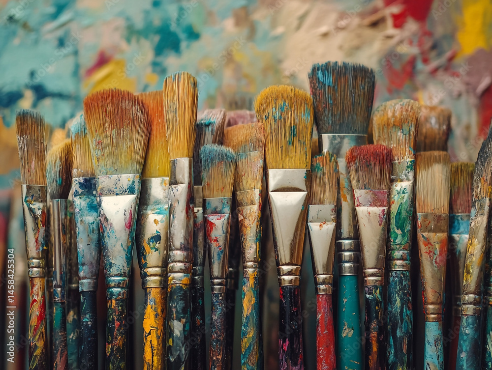 Obraz premium Top View Of Paint Brush On Bright Colorful Textured Background