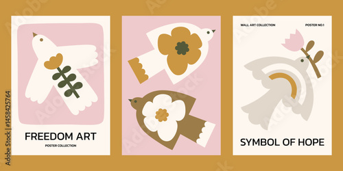 Neutral colors floral vector posters set. Minimalist print designs with boho doves and flowers illustrations
