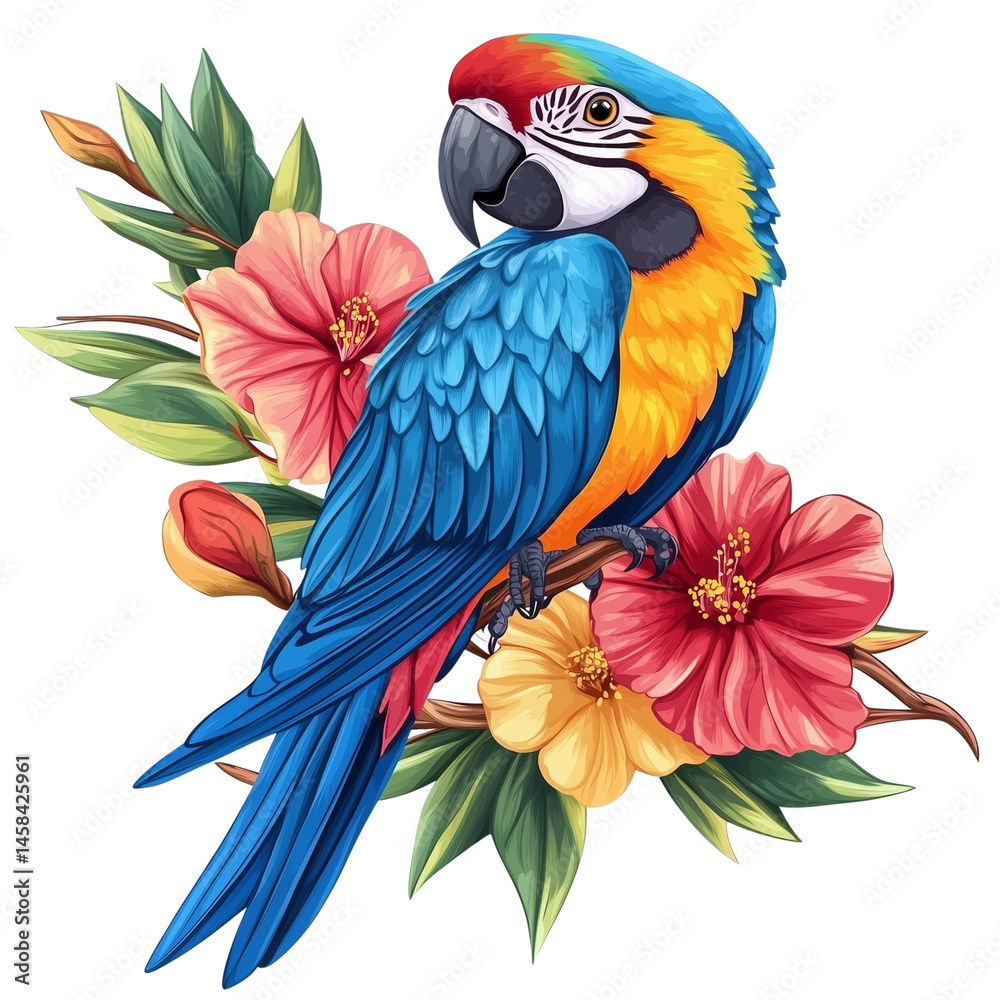 Obraz premium A beautiful macaw parrot with a wide wingspanon transparent png background. Ai generated