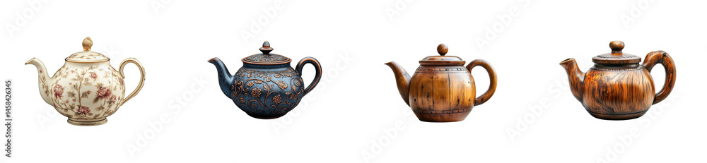 Four varying style teapots, isolated on black, cut out transparent Four varying style teapots, isolated on black, cut out transparent