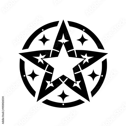 Black & White Pentagram with Circle, Stars, Occult Design
