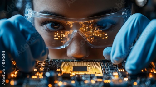 Close-up of scientist examining illuminated microchip circuit board with focus gear.