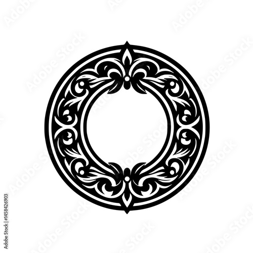 Ornate Black and White Circular Emblem, Vector Design