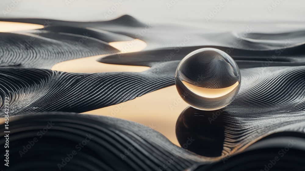 Glass sphere on sand dunes with ripples surreal landscape reflective mirage futuristic natural design