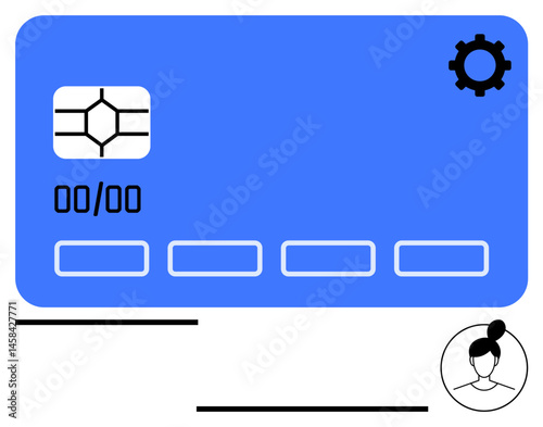 Digital credit card design with chip, placeholders, settings gear, and user profile icon. Ideal for finance, security, technology, banking, online payment fintech and simple landing page