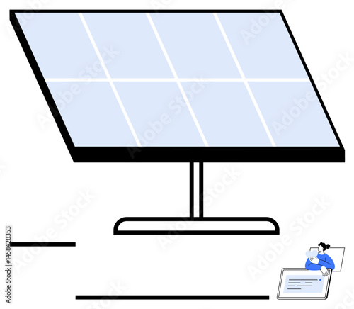 Solar panel harnessing sunlight, professionally monitored on a tablet. Ideal for energy, technology, environment, renewable resources, sustainability, innovation alternative power. Flat simple